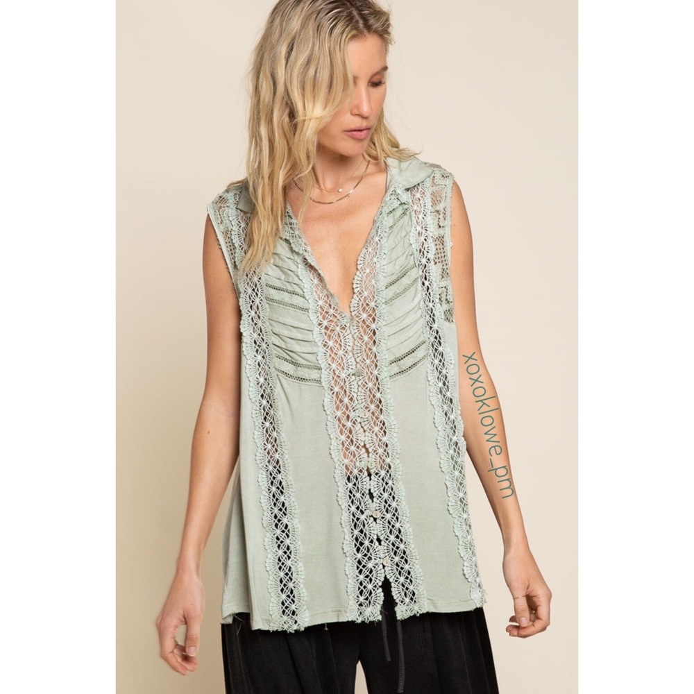 POL Green Pintuck Lace Button Down Top Sleeveless Relaxed Fit - Picture 10 of 11